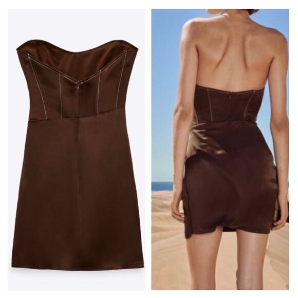 Zara Brown TopStitch Strapless Satin Draped Mini Dress Size Large Corset Bustier - Picture 15 of 15
